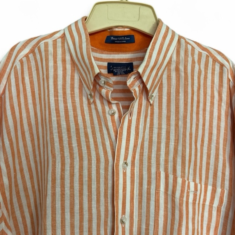 Paul Fredrick Finest Pure Linen Mandarin Band Collar Button Up Striped Shirt XL